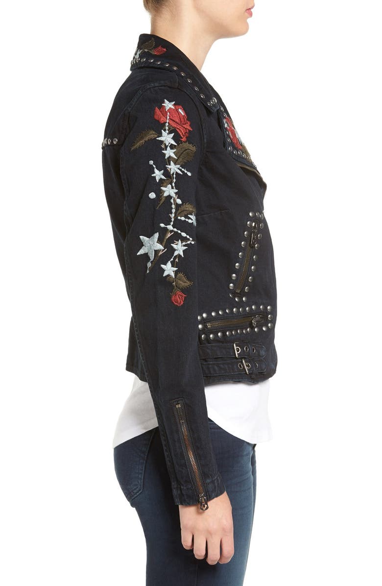 True Religion Brand Jeans Embroidered Denim Moto Jacket, Alternate, color, 
