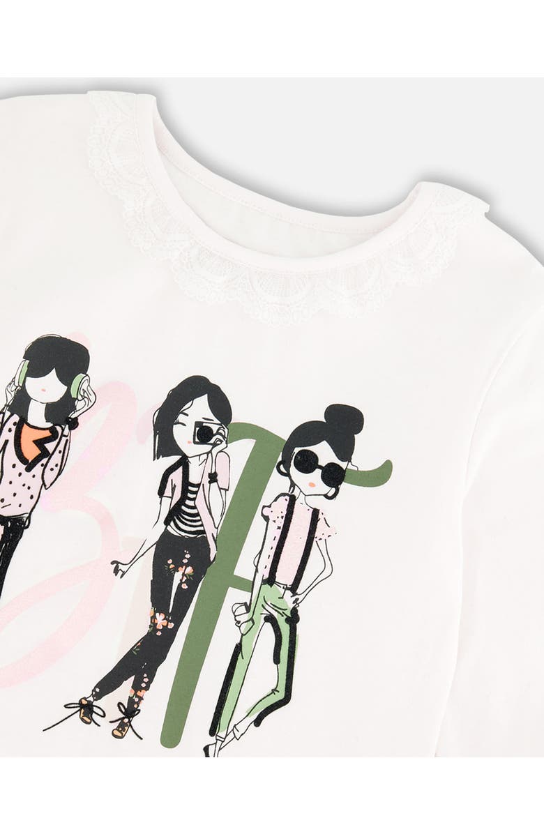Deux par Deux Little Girl's Print T-Shirt With Lace Off White, Alternate, color,