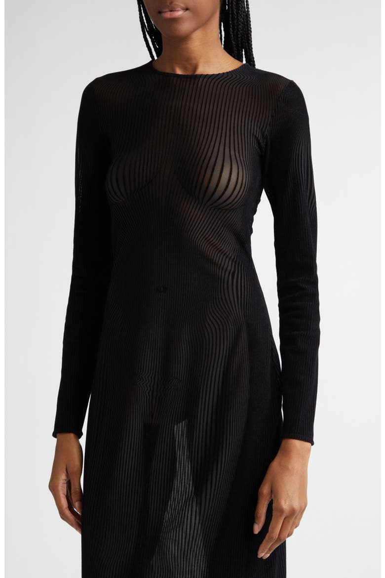 The Morphing Pinstripe Flocked Long Sleeve Sheer Mesh Dress, Alternate, color, BLACK/ BLACK