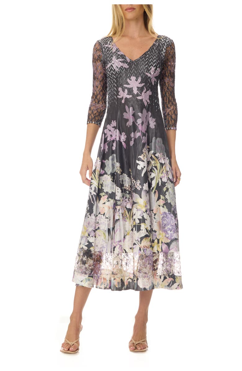 Komarov Floral Border Charmuese Dress with Lace Sleeves, Main, color, Orchid Border