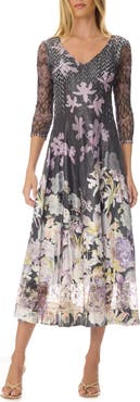 Komarov Floral Border Charmuese Dress with Lace Sleeves