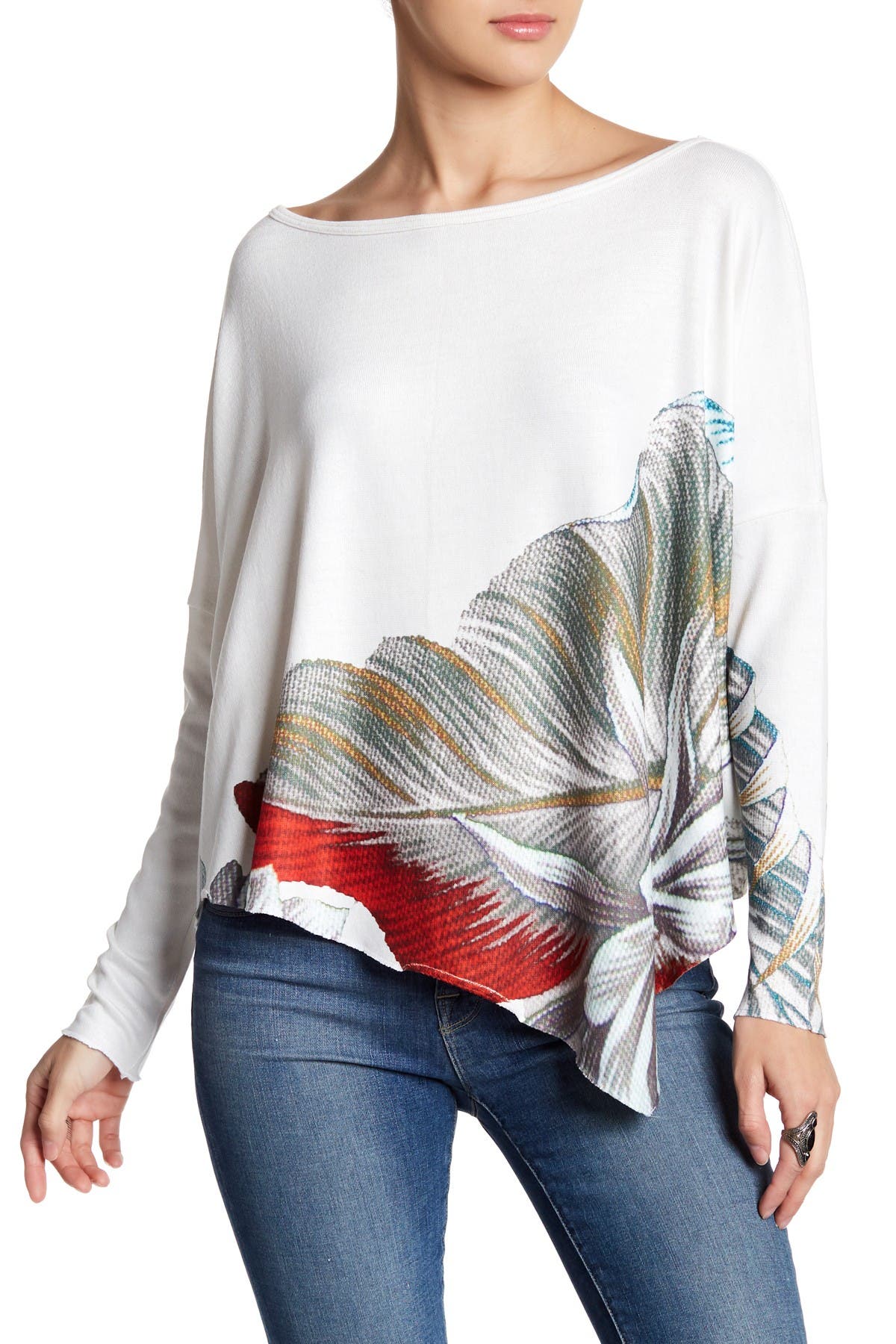 GO COUTURE Printed Asymmetrical Hem Dolman Sweater