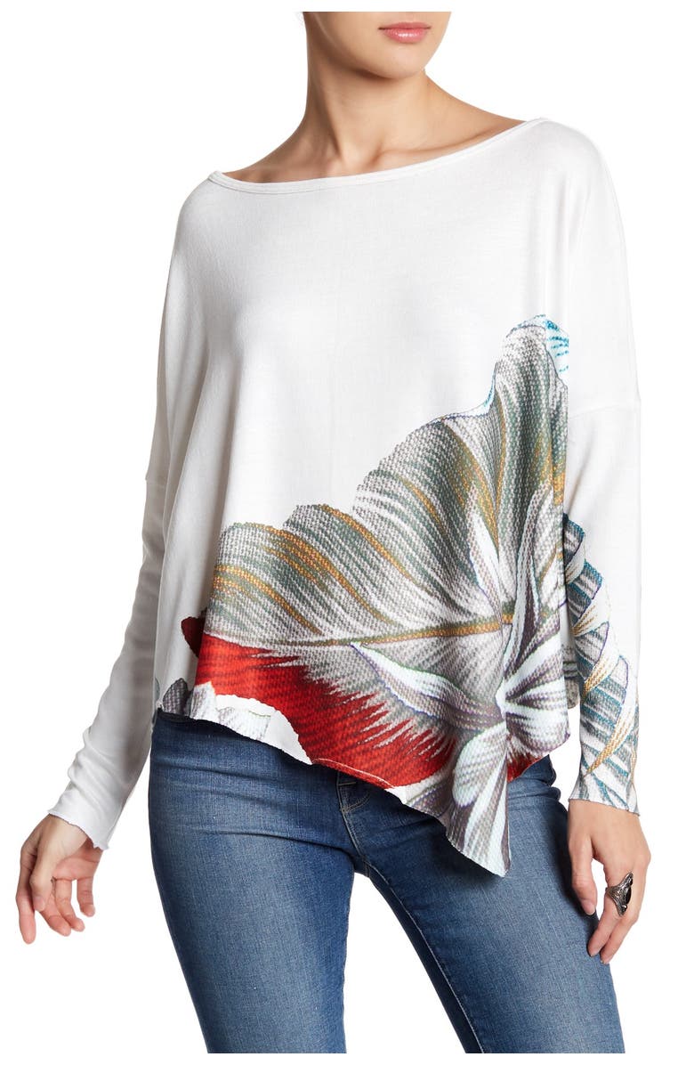 GO COUTURE Printed Asymmetrical Hem Dolman Sweater, Main, color, Ivory Big Flower