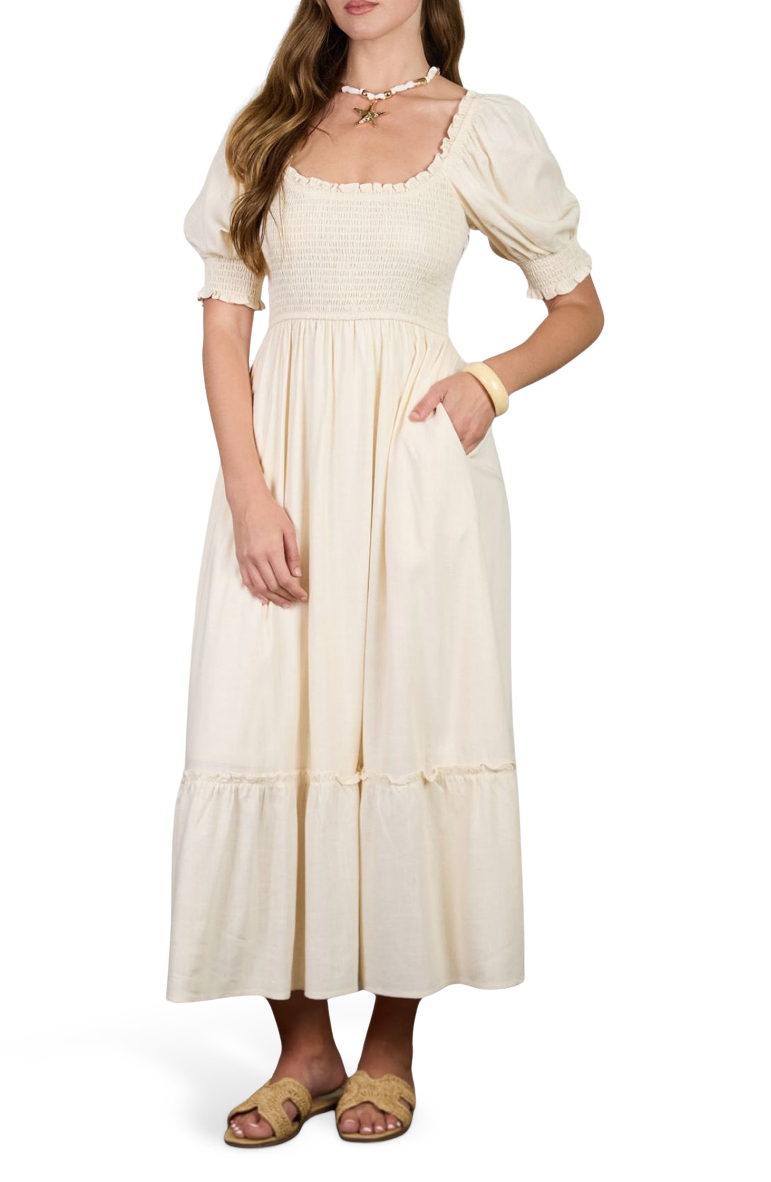 AUGUST SKY Smocked Puff Sleeve Midi Dress