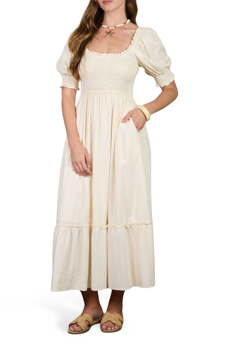 Smocked Puff Sleeve Midi Dress, Main, color, CREAM