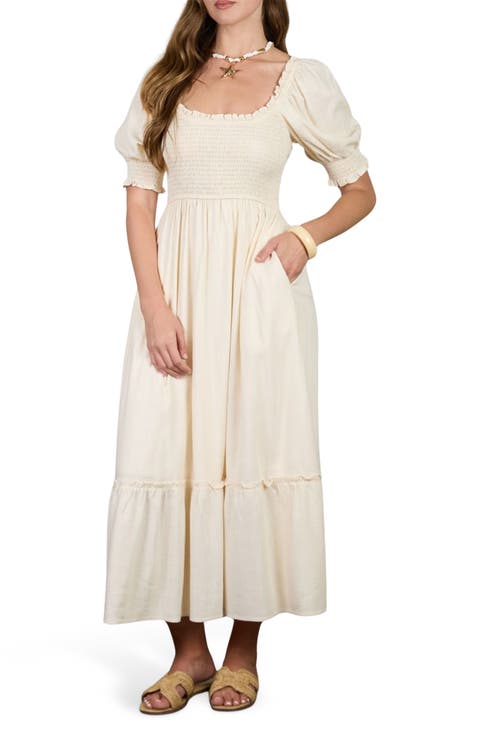 Smocked Puff Sleeve Midi Dress