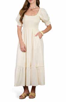 AUGUST SKY Smocked Puff Sleeve Midi Dress