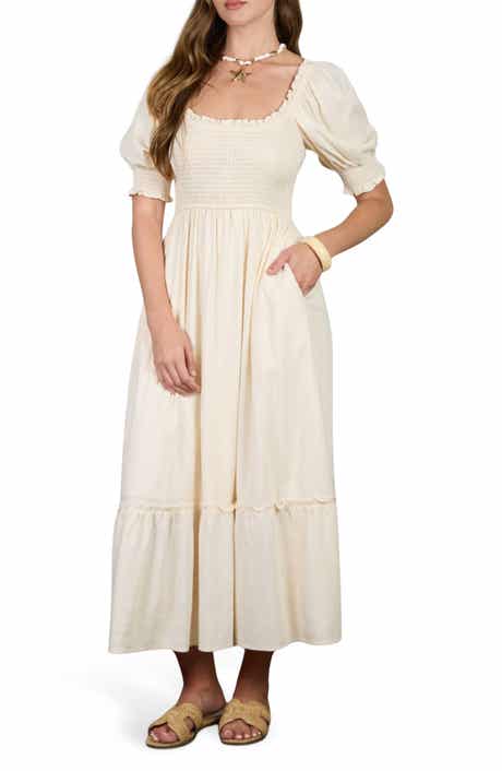 AUGUST SKY Smocked Puff Sleeve Midi Dress