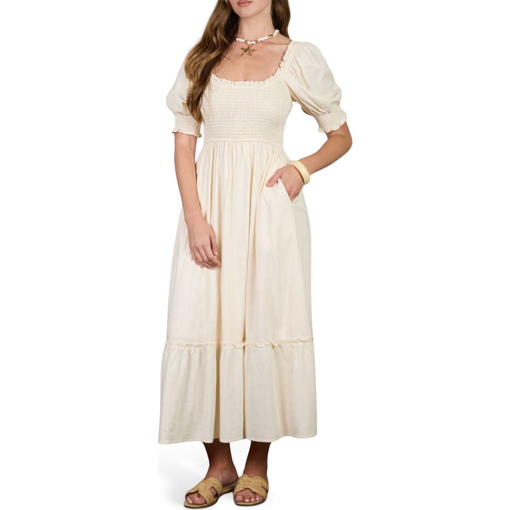AUGUST SKY Smocked Puff Sleeve Midi Dress in Cream at Nordstrom Rack, Size Small