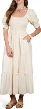 AUGUST SKY Smocked Puff Sleeve Midi Dress