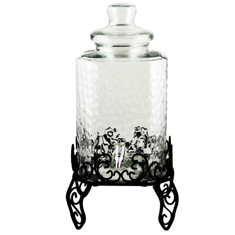 Moreauville 3 Piece 2.25 Gallon Square Embossed Glass Beverage Dispenser with Wire Stand