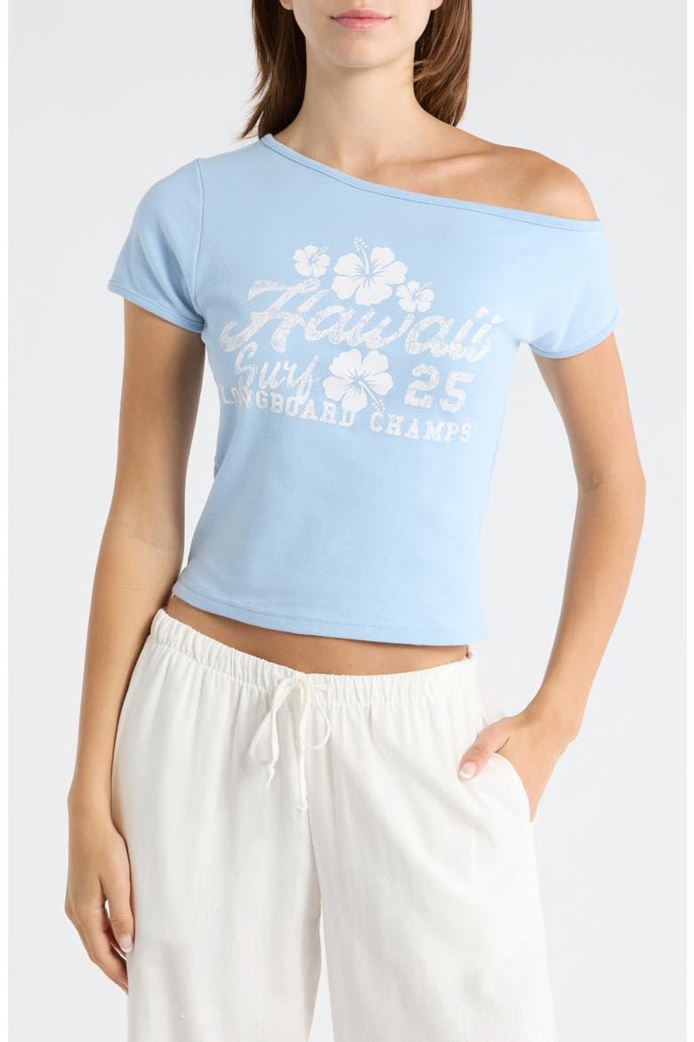 <p>Hawaii 25 Off the Shoulder Graphic Tee</p>, Main, color, LIGHT BLUE