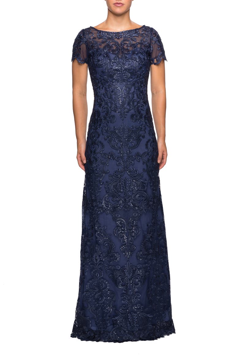 Long Lace Dress withy Rhinestones and Short Sleeves, Main, color, Navy