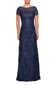 La Femme Long Lace Dress withy Rhinestones and Short Sleeves