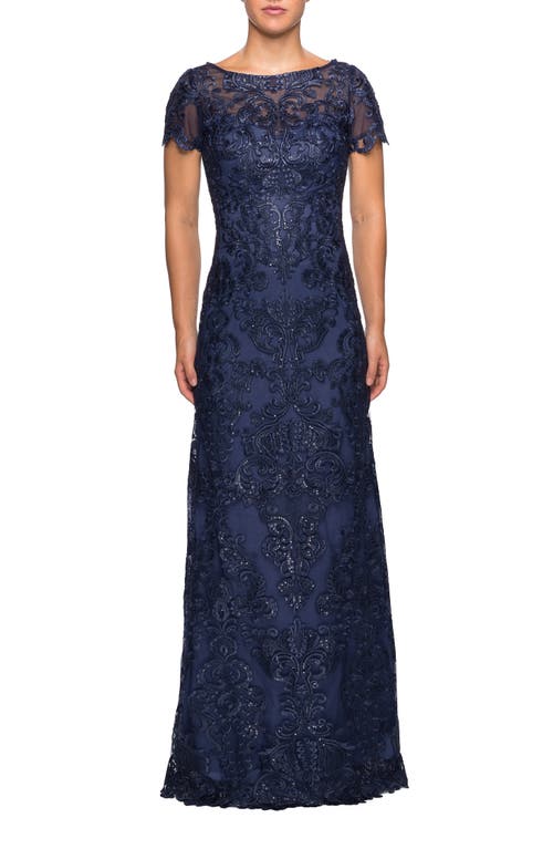 La Femme Long Lace Dress Withy Rhinestones And Short Sleeves In Navy