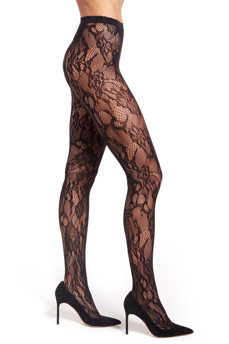 Lace Cutout Tights, Main, color, BLACK