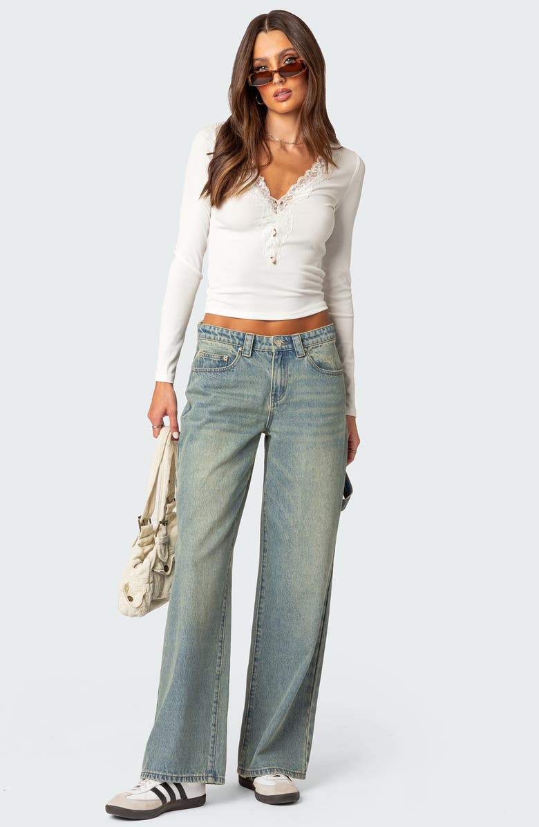 EDIKTED Madeline Lace Trim Rib Long Sleeve Top, Alternate, color, White