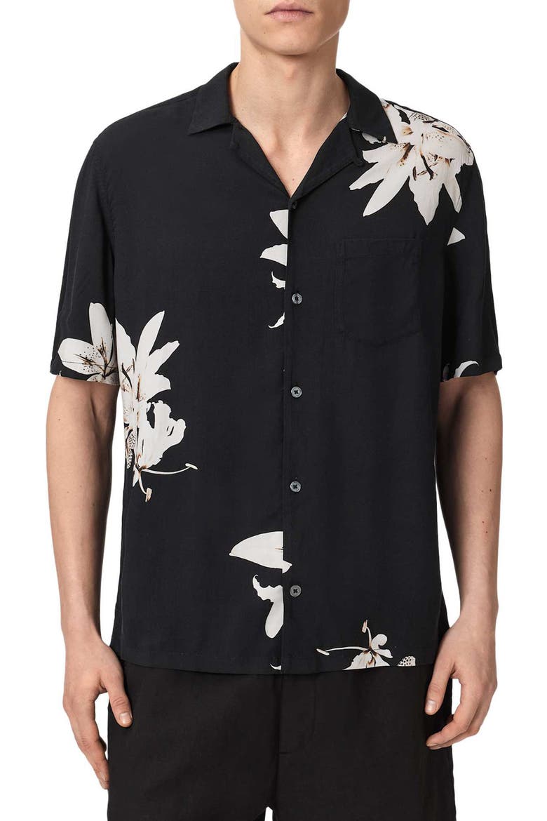 Petra Floral Short Sleeve Button-Up Shirt, Main, color, BLACK/ GREY