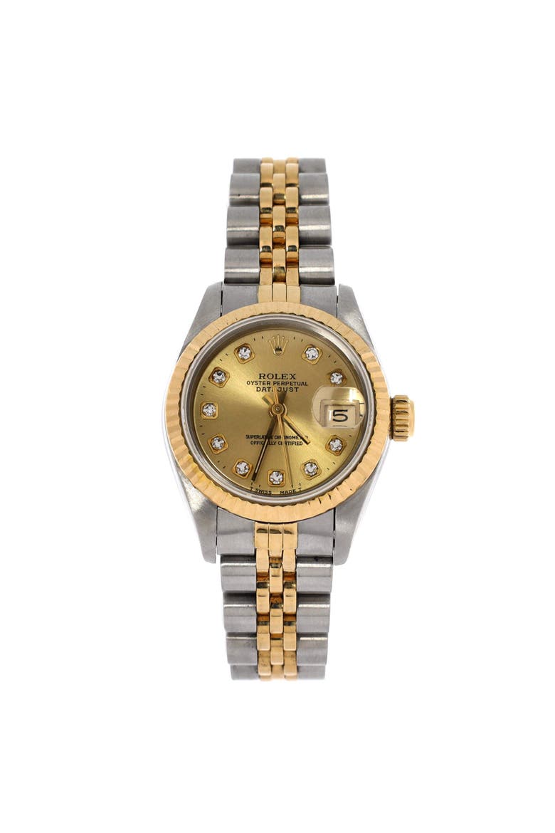 Oyster Perpetual Datejust Automatic Watch Stainless Steel and Yellow Gold with Diamond Markers 26, Main, color, Metallic Silver