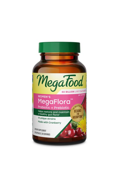 Megaflora Probiotic + Prebiotic For Women With Cranberry, 50 Billion Cfu, Vegetarian, 60 Capsules