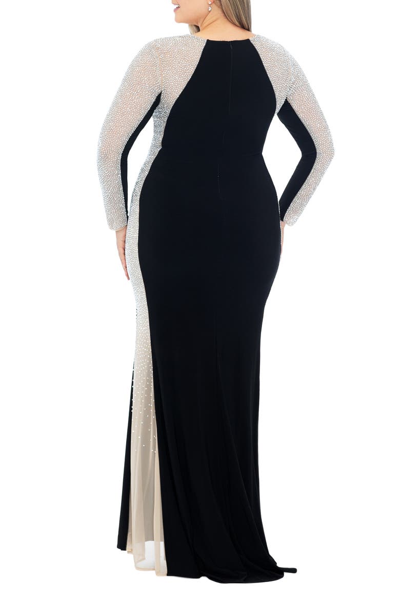 Beaded Long Sleeve Gown, Alternate, color, BLACK NUDE SILVER