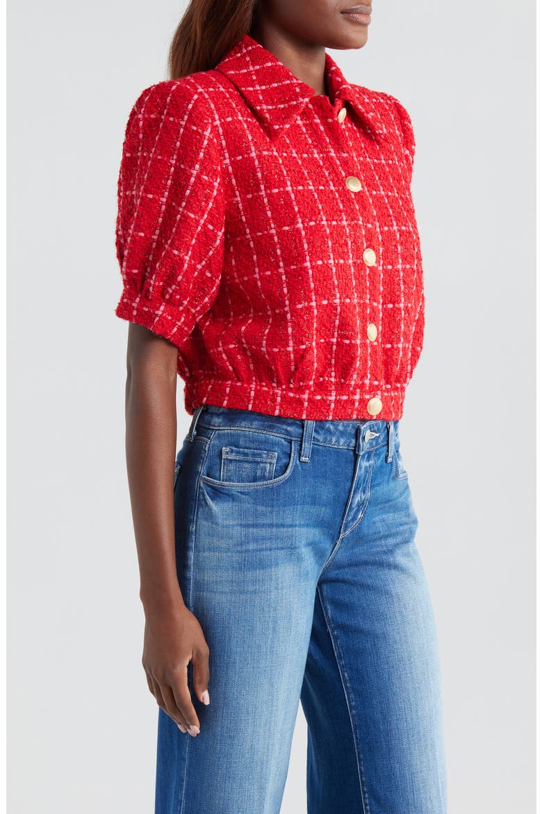 Cove Plaid Short Sleeve Crop Tweed Jacket, Alternate, color, RED/ HOT PINK PLAID