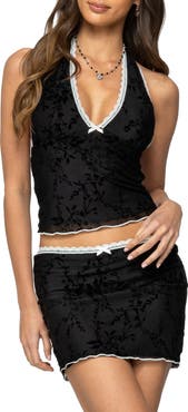EDIKTED Klea Lace Trim Velvet Burnout Halter Top