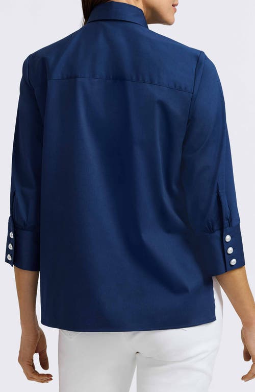 Foxcroft Pearl Three-quarter Sleeve Button-up Shirt In Navy