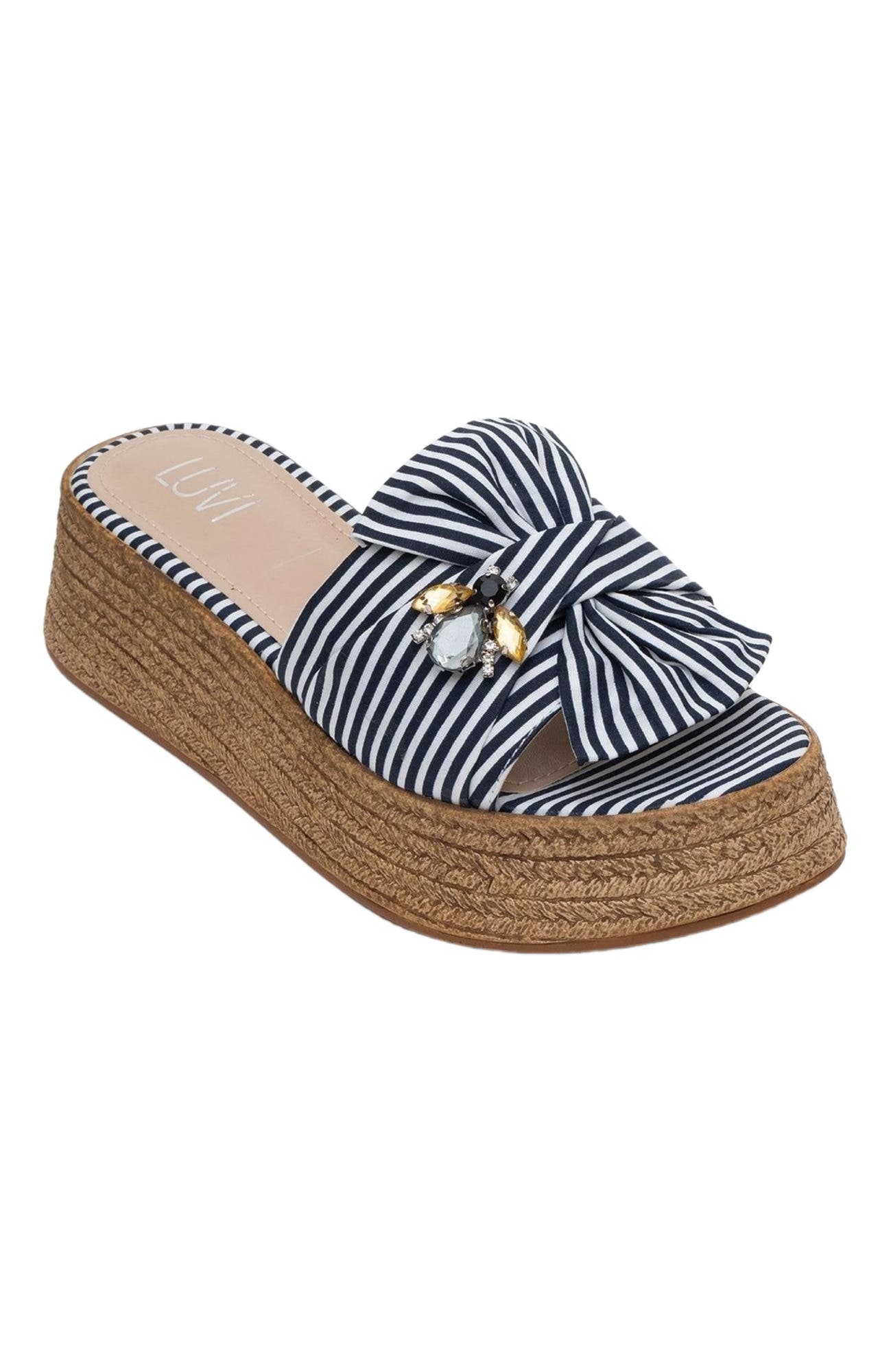 Shara Braided Bow & Bee Buckle Platform Sandal, Alternate, color, Navy Faux Leather