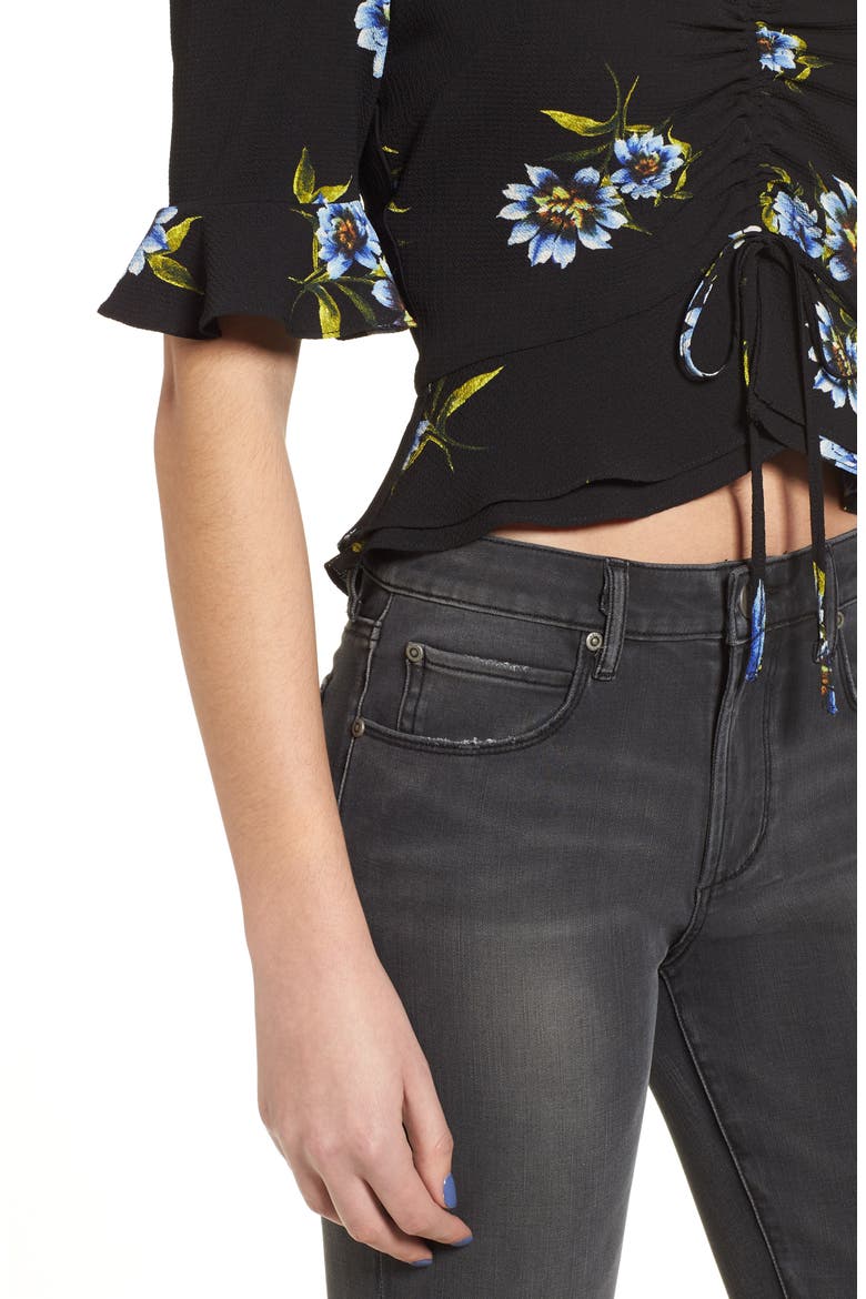 Cinch Front Crop Top, Alternate, color, BLACK MULTI FLORAL