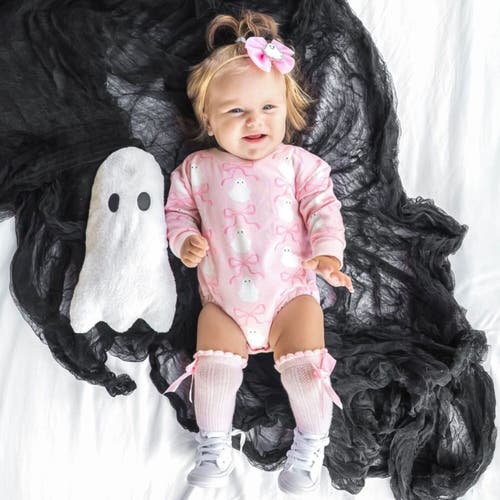 Sweet Wink Ghost Halloween Printed Long Sleeve Romper In Pink