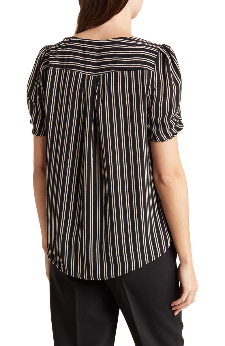 Adrianna Papell Printed V-Neck Ruched Sleeve Pebble Crepe Top, Alternate, color, 