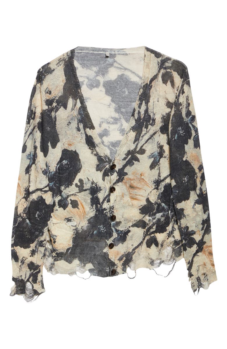 R13 Ripped Floral Linen Cardigan, Alternate, color, Black And Cream Floral