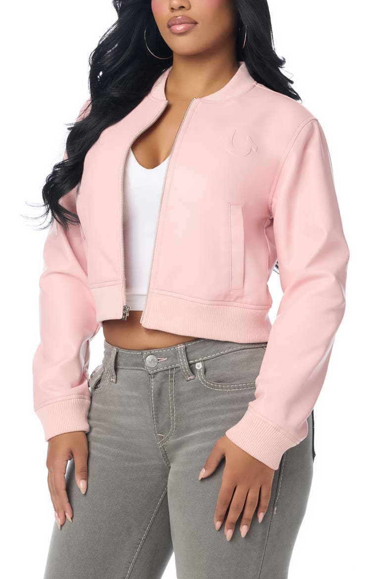 Embossed Faux Leather Bomber Jacket, Alternate, color, DULL PINK