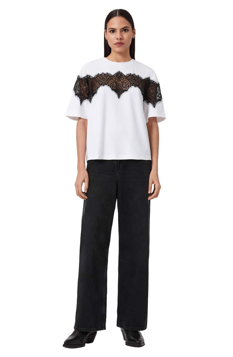 AllSaints Lisa Lace Panel T-Shirt, Alternate, color, Optic White