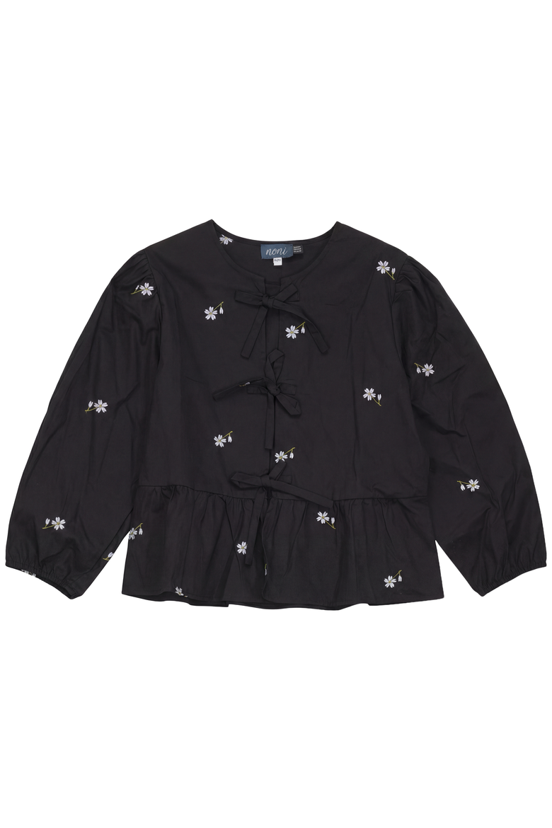 Embroidered Bow Puff Sleeve Cotton Blouse, Main, color, Black