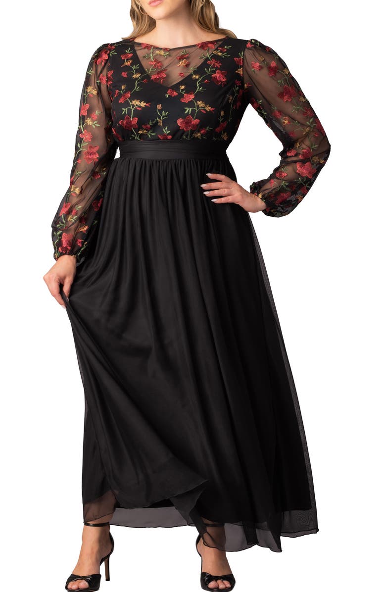 Kiyonna Floral Embroidered Long Sleeve Empire Waist Mesh Gown, Main, color, Floral Flare