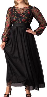 Kiyonna Floral Embroidered Long Sleeve Empire Waist Mesh Gown