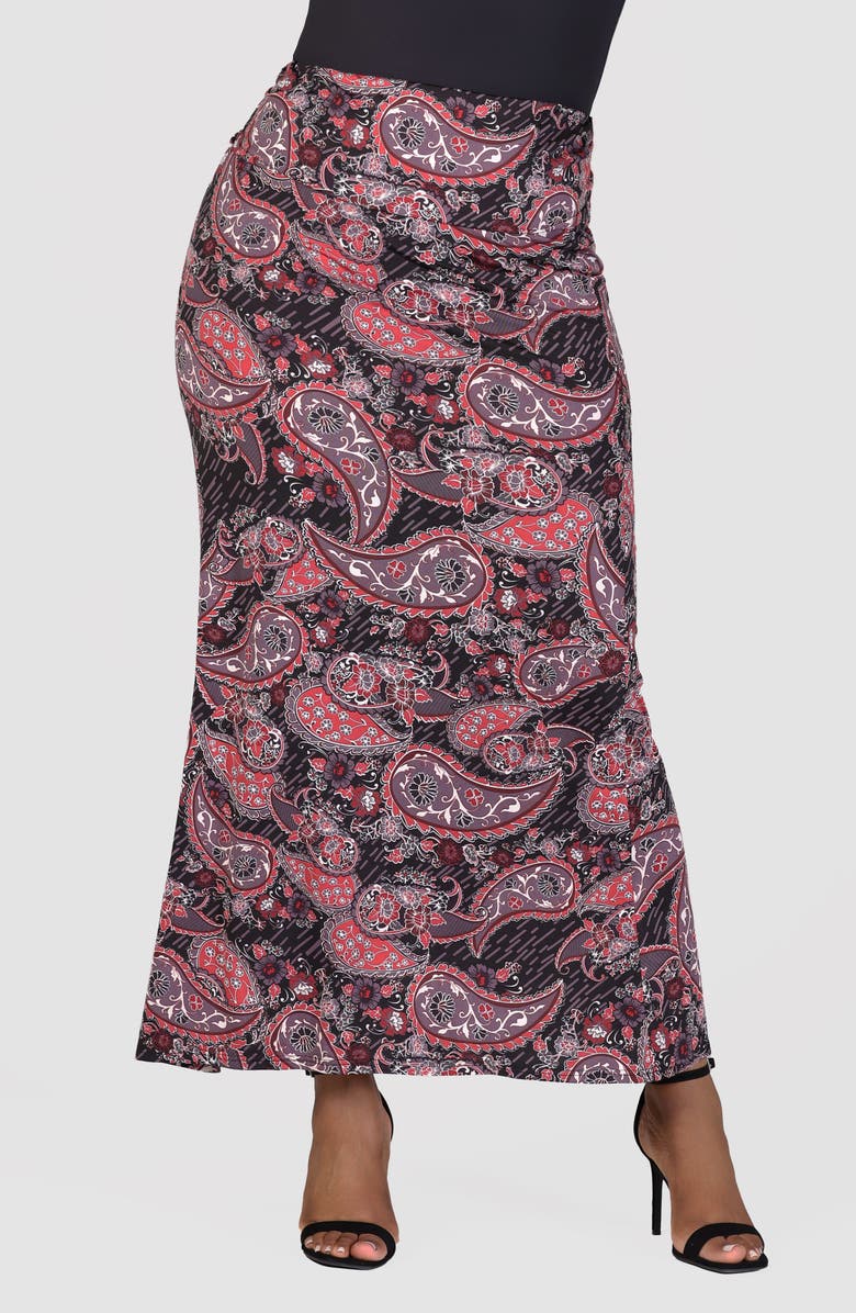 24seven Comfort Apparel Paisley Foldover Waist Knit Maxi Skirt, Main, color, Pink Multi