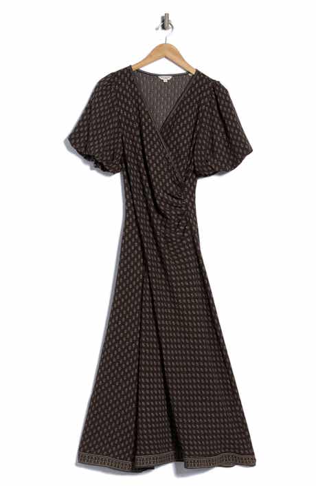Puff Sleeve Surplice Midi Dress