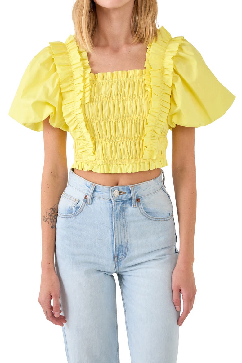 Shirred Bodice Puff Sleeve Cotton Crop Top, Alternate, color, YELLOW