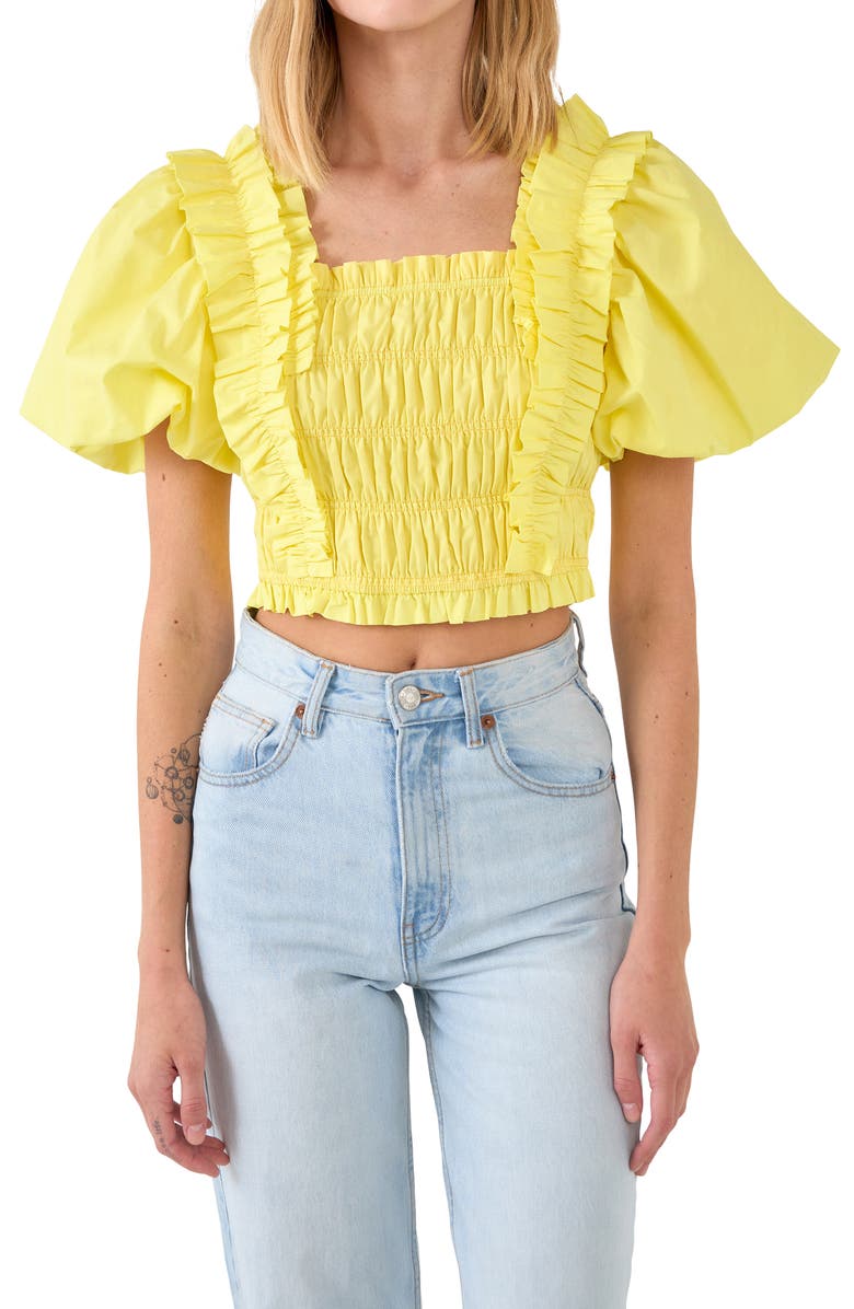 English Factory Shirred Bodice Puff Sleeve Cotton Crop Top, Alternate, color, Yellow