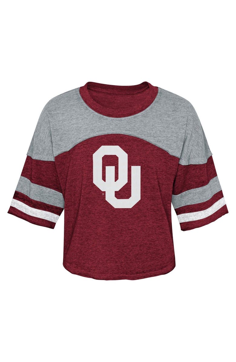 Outerstuff Girls Youth Crimson Oklahoma Sooners Sunday Friday Sleeve Stripe Jersey T-Shirt, Alternate, color, Crimson