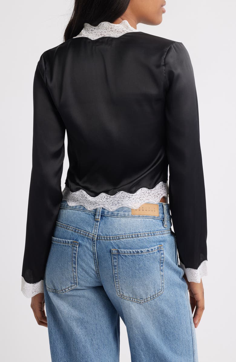 NASTY GAL Lace Trim Tie Front Satin Top, Alternate, color, Black