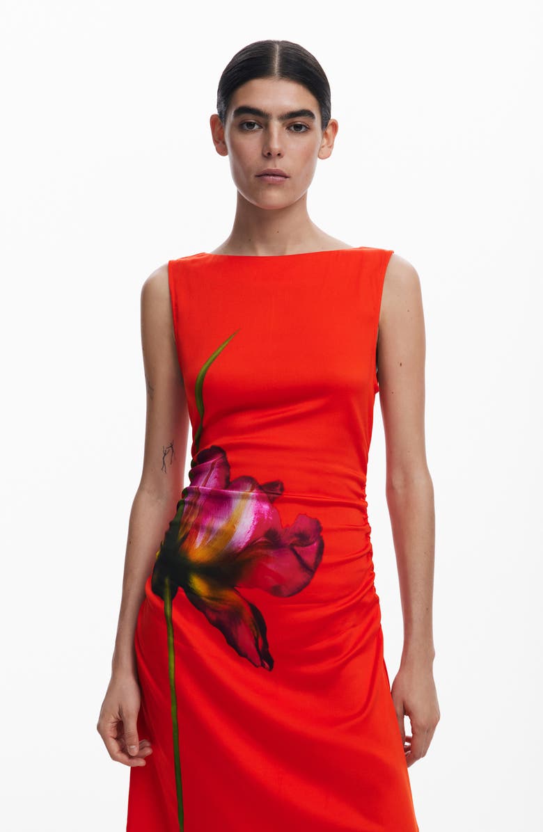 Desigual Placed Floral Sleeveless Asymmetric Midi Dress, Alternate, color, Orange Red