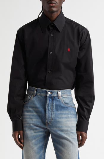 Embroidered Skull Button-Up Shirt