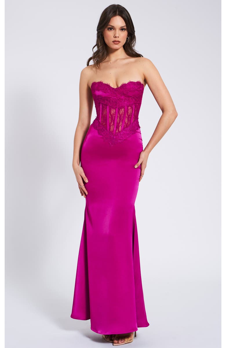 Miss Circle Everleigh Lace Satin Corset Maxi Dress, Main, color, Fuchsia