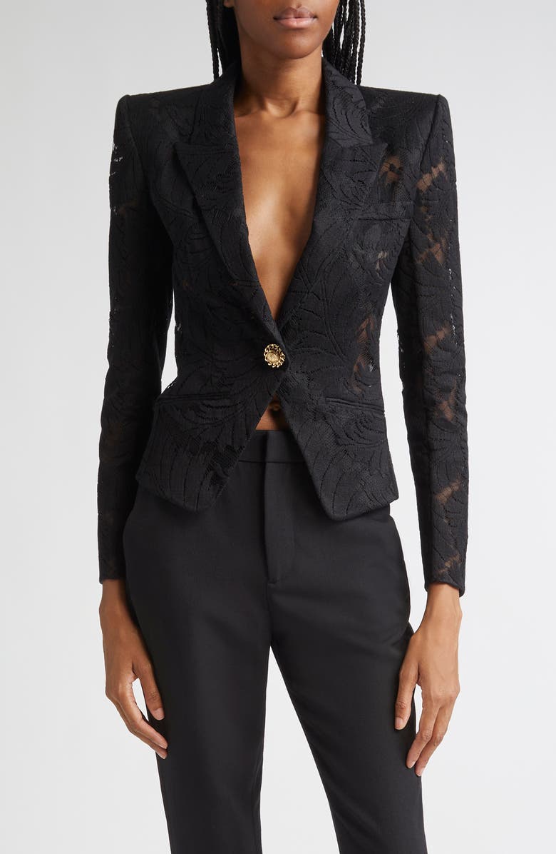 Balmain Fitted Lace Blazer, Main, color, Black