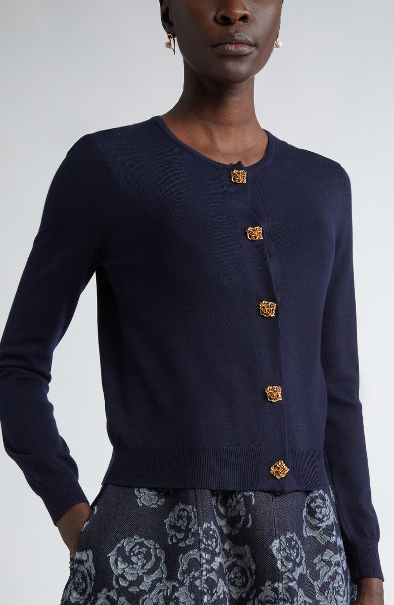 Oscar de la Renta Rose Button Wool Cardigan, Alternate, color, 