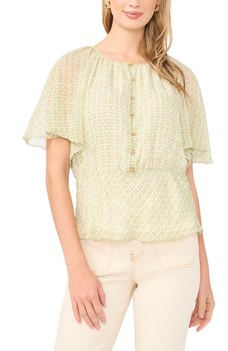 Vince Camuto Geo Print Ruffle Sleeve Top, Main, color, Sage